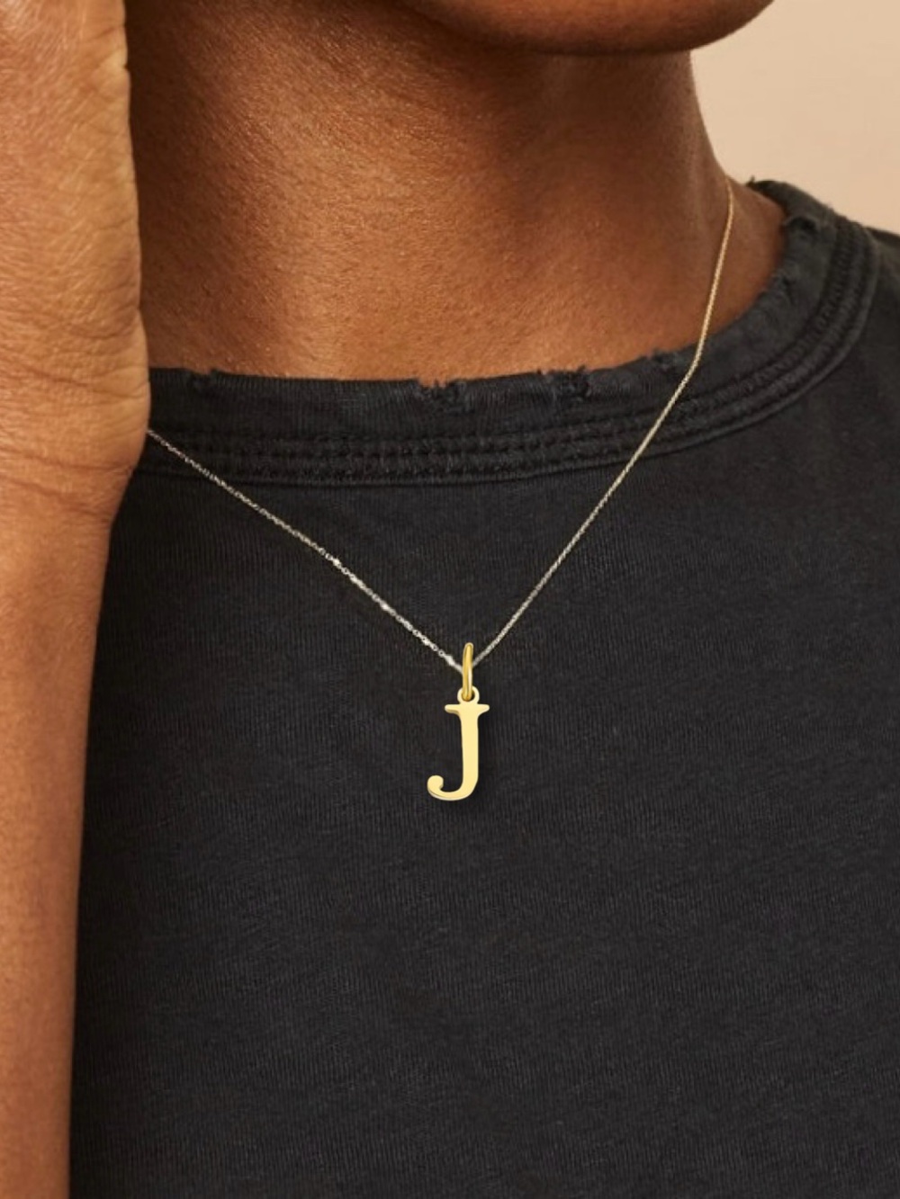 Classic Gold Block Letter Initial Charm Necklace, “J” Pendant, Stainless Steel